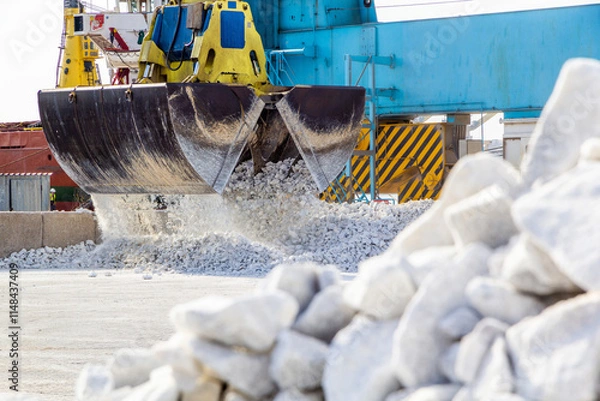 Fototapeta Loading at the port. The large grab of a gantry crane dumps white marble chips onto an open warehouse on the wharf