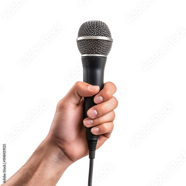 Fototapeta man hand hold microphone isolated on transparent background