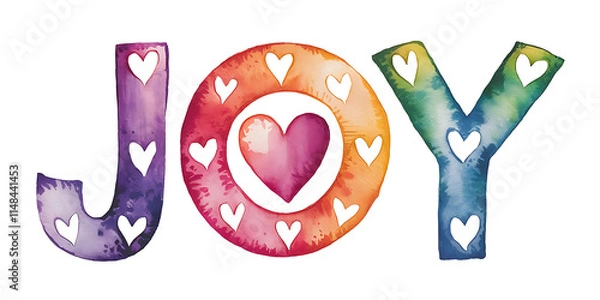 Fototapeta A watercolor style illustration of the word "Joy" in all capital letters, with each letter having a heart inside it