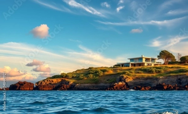 Fototapeta A view of a house on a hill overlooking the ocean a modern house on a beach ocean front property ocean property house home beach real estate