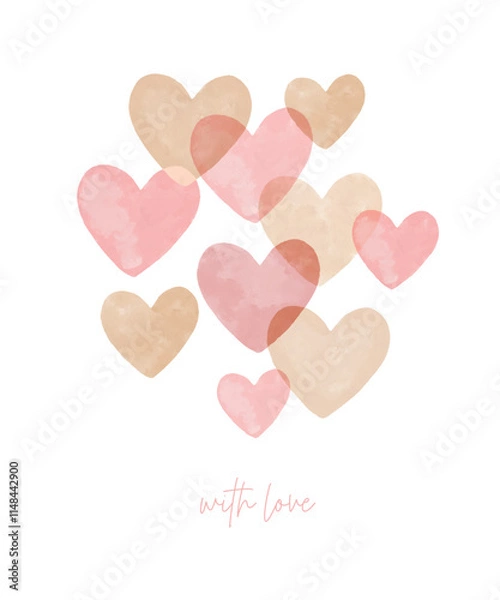 Obraz Happy Valentine's Day. With Love. Lovely Vector Card with Set of and Gold Hearts Isolated on a White Background. Cute Hand Drawn Valentine's Day Greeting Card with Falling Hearts. 