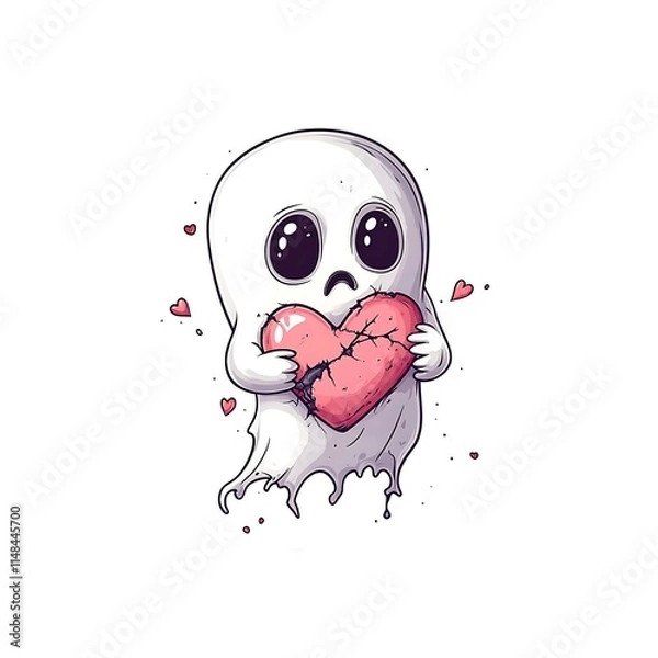 Fototapeta A little ghost holds a red heart with wrinkles and wounds.