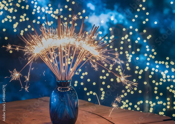 Obraz ords: firework, sparkle, wooden table, blue background, gold glitter, festive, celebration, event, party,stars and light,Christmas burning sparklers in a glass jar on wooden boards,lights on night sky