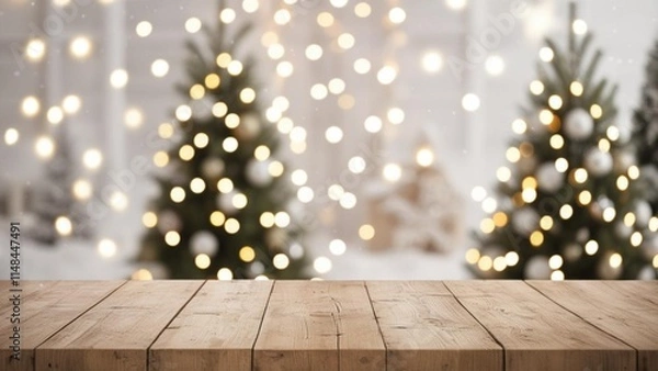 Fototapeta Empty wooden table in front of blurred winter holiday background