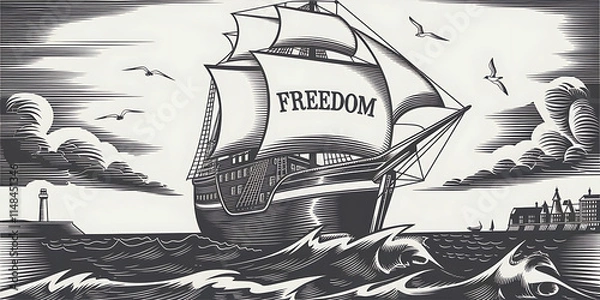 Fototapeta A vintage black and white illustration of a ship with the text "Freedom" on its sail