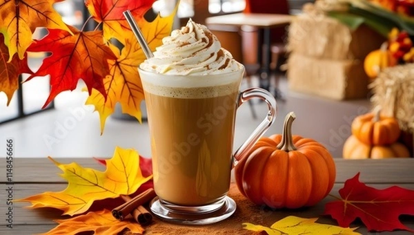 Fototapeta Seasonal Warmth: A Latte Surrounded by Fall Colors
