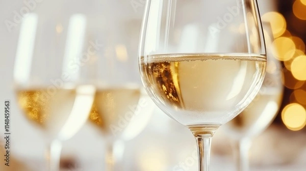 Fototapeta Close-up of glass of white wine. Glasses out of focus in background. Wine appears to chilled, slightly bubbly. Scene suggests celebration party. Festive atmosphere evident. Image close-up detail of