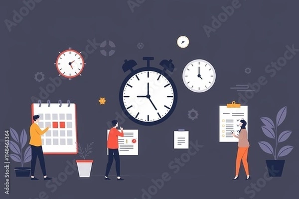 Obraz Teamwork Makes the Dream Work: A vibrant illustration depicting a collaborative team efficiently managing time and tasks, symbolized by clocks, calendars, and to-do lists.