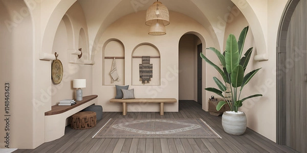 Fototapeta  of a boho Mediterranean interior design of a modern home entryway hall with arched walls