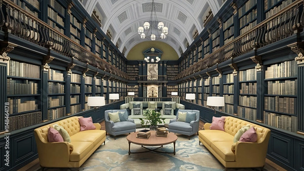 Fototapeta Grand library with dark bookshelves and comfortable seating areas.
