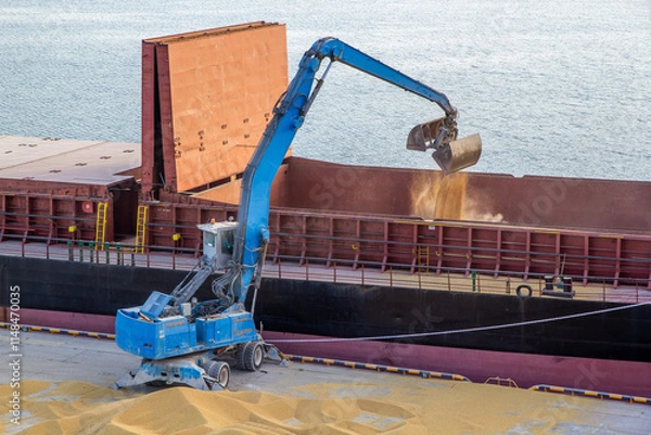 Fototapeta Unloading a dump truck with grain at the pier and reloading grain with a grab manipulator and a mobile conveyor into the ship's hold