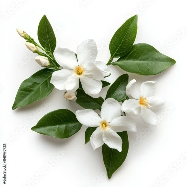 Fototapeta A stunning and beautiful jasmine flower, fully in bloom, is set against vibrant green leaves, making it a perfect choice for floral arrangements and aesthetic decor to enhance any space and setting