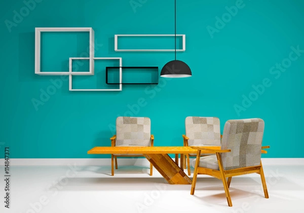 Fototapeta table and chair modern and lamp in room of a background wall (3D Rendering)