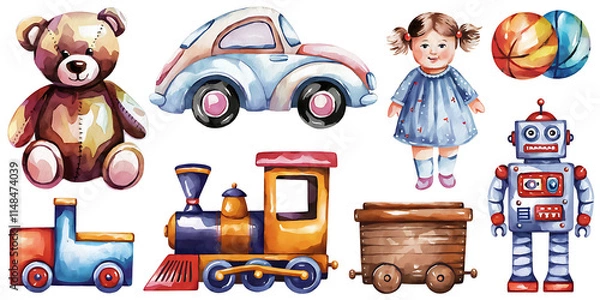 Fototapeta A watercolor style illustration of various toys isolated on a white background