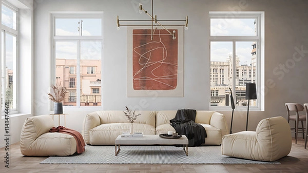 Fototapeta Modern beige living room with large windows and abstract art.
