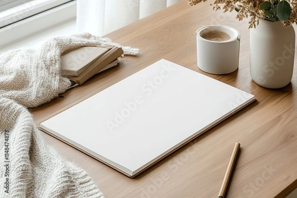 Fototapeta Cozy workspace with a blank sketchbook, coffee, and a warm blanket creating a serene atmosphere