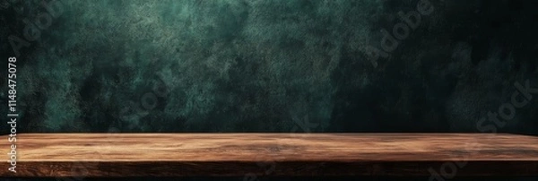 Fototapeta Luxurious wooden table texture with realistic wood grain contrasting with elegant dark green patterned wall