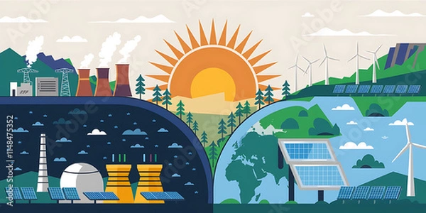 Fototapeta An illustration of a globe transitioning from fossil fuels to renewable energy