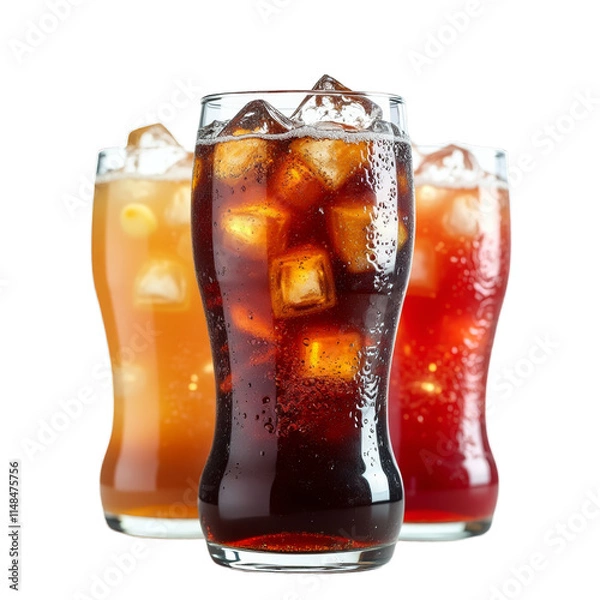 Obraz Three frosty glasses of soda pop with ice cubes on a dark background