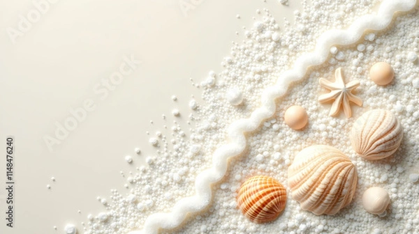 Fototapeta Seashells nestled on textured white sand, adorned with creamy swirls and delicate pearls; a serene beach scene.