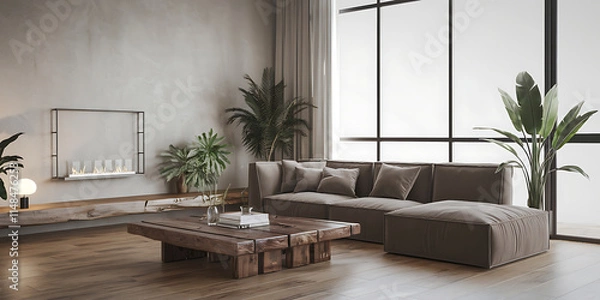 Fototapeta A minimalist interior design of a modern living room with a rustic barn wood coffee table near a corner sofa