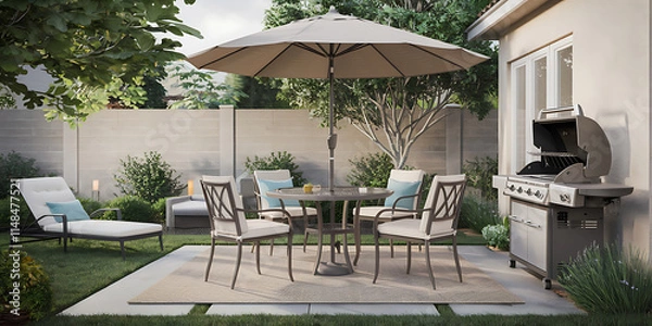 Obraz A backyard with a patio furniture set and a grill
