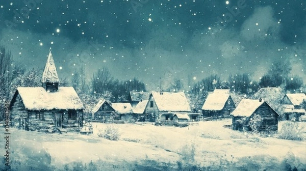 Obraz Winter Village with Snow in Vintage Style