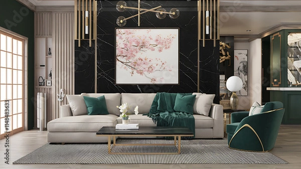 Fototapeta Modern living room with a neutral color palette and gold accents.

