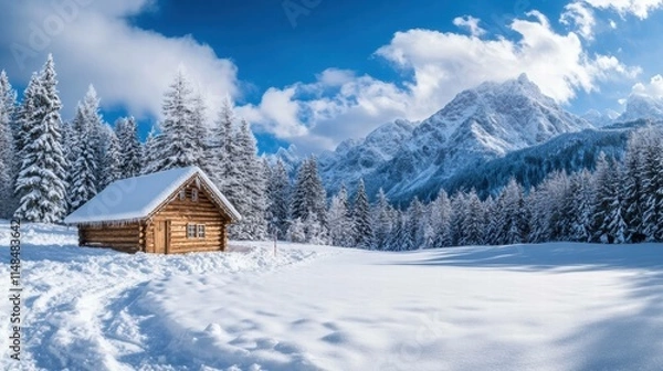 Obraz Winter Christmas Scene with Snow and Cabin