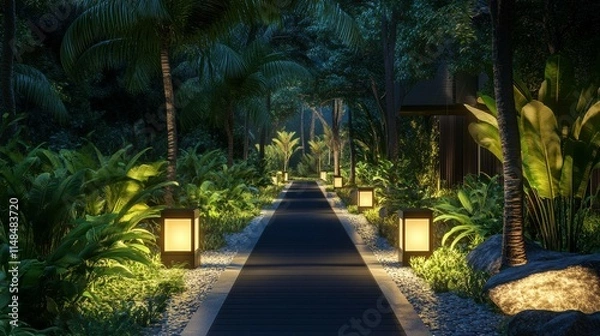 Obraz Zen Garden Walkway Illuminated at Night