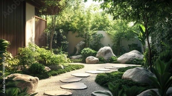 Obraz Zen Garden with Manicured Rocks and Lush Greenery.
