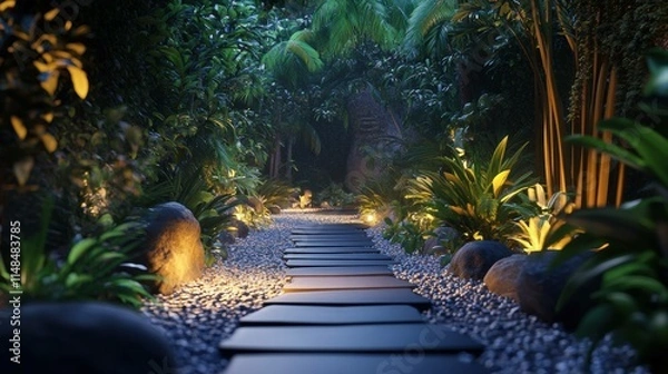 Obraz Zen Garden Walkway Illuminated at Night