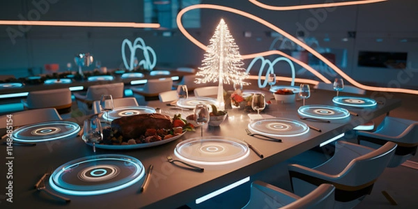 Fototapeta  of a futuristic Christmas dinner table with holographic plates, a glowing tree centerpiece, and abstract lighting