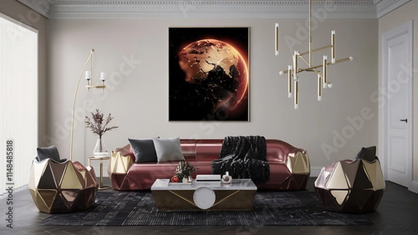 Fototapeta interior design mockup Metallic Metropolis Apartment Silver and gold geometric furniture hightech features a sophisticated and glamorous space Tribal Earth Deep red ochre black cream SciFi Art