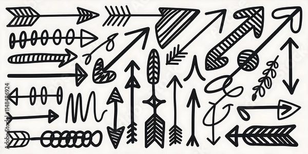 Fototapeta A hand drawn design element with various styles of black arrows on a white background