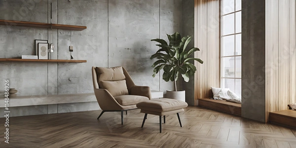 Fototapeta A minimalist loft interior design of a modern living room with a comfortable chair and footstool