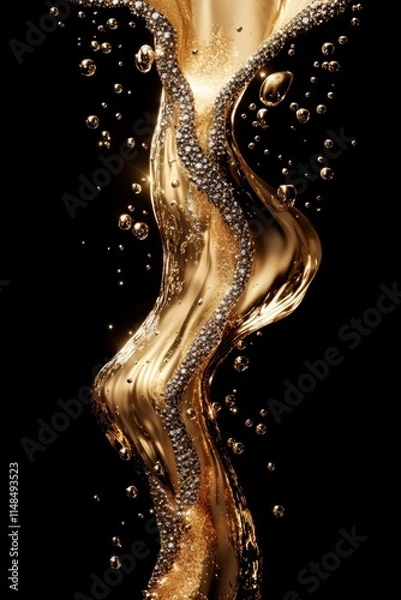 Obraz Golden liquid flowing with diamonds and pearls black background high-detail image luxurious environment artistic viewpoint