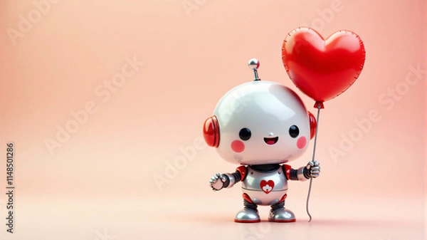 Obraz A charming robot character with a heart balloon, radiating happiness and love.