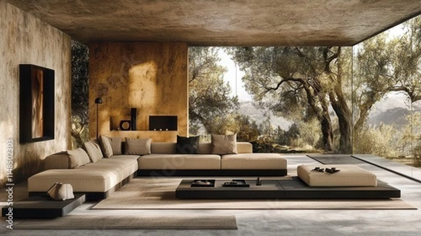 Obraz Modern Living Room with Minimalistic Design and Scenic Outdoor View