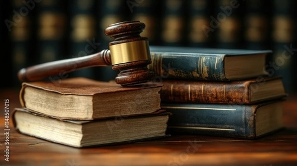 Fototapeta A gavel rests on stacked law books, symbolizing justice and legal proceedings.