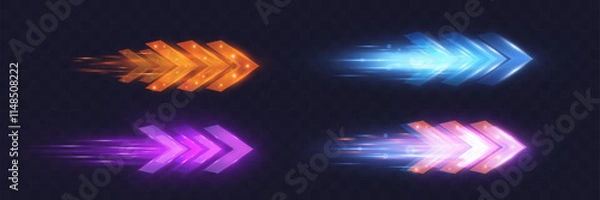Fototapeta Set of glowing arrows in various colors (orange, blue, purple, pink) with motion blur and light trail effects on transparent background, representing speed, technology, and futuristic themes.