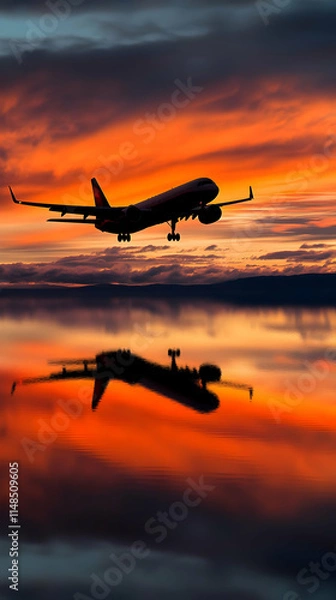 Fototapeta Sunset Airplane Reflection Image