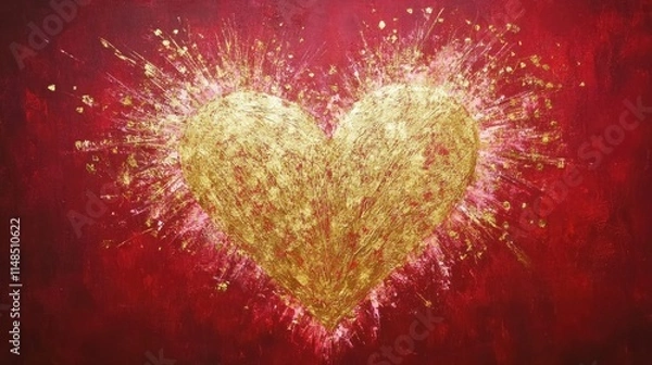 Fototapeta Radiant heart-shaped fireworks in gold and pink tones exploding symmetrically on a rich red canvas, ideal for New Year's festivities.