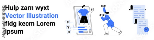 Fototapeta Smartphone with editable profile screen, user jogging with wearable tech, displayed documents with goals checklist. Ideal for fitness apps, health tracking, activity monitoring, personal training
