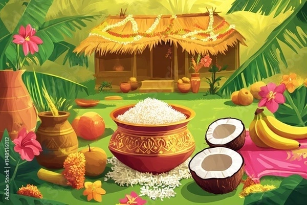Fototapeta Vibrant illustration of a harvest scene, featuring a traditional hut adorned with flowers, surrounded by an abundance of rice, coconuts, and tropical fruits.