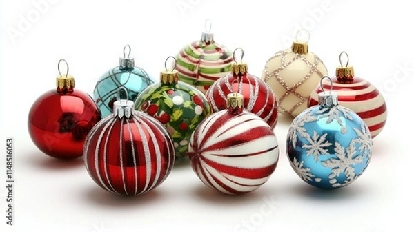 Obraz Ten colorful Christmas ornaments with traditional holiday designs, including snowflakes, holly, and striped patterns, arranged in a festive display.