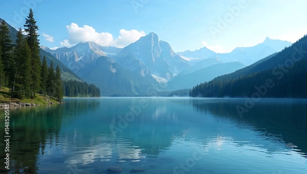 Fototapeta Mountain Lake Surrounded by Pine Trees