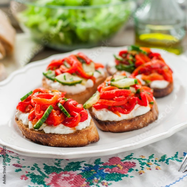 Obraz Rоasted Pepper, Cucumber and Feta Bruschetta