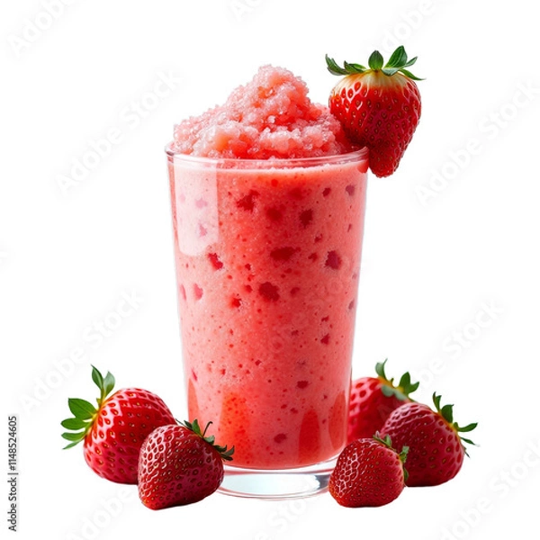 Obraz Pink strawberry smoothie in cup with fresh strawberries as garnish on black background
