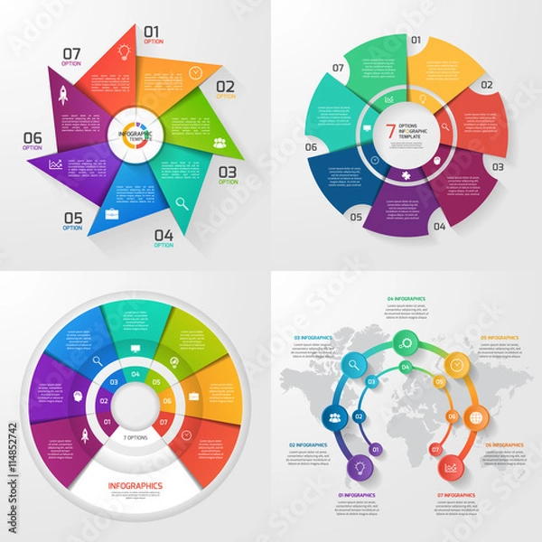 Fototapeta Set of four vector infographic templates. Business, education, industry, science concept with 7 values, options, parts, steps, processes.
